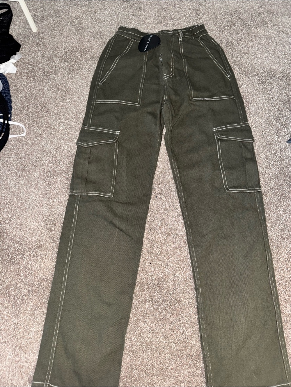 White Fox Boutique Olive Cargo Pants with Contrast Stitching